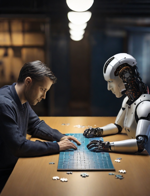 Digital figures representing AI and human collaboration in technology