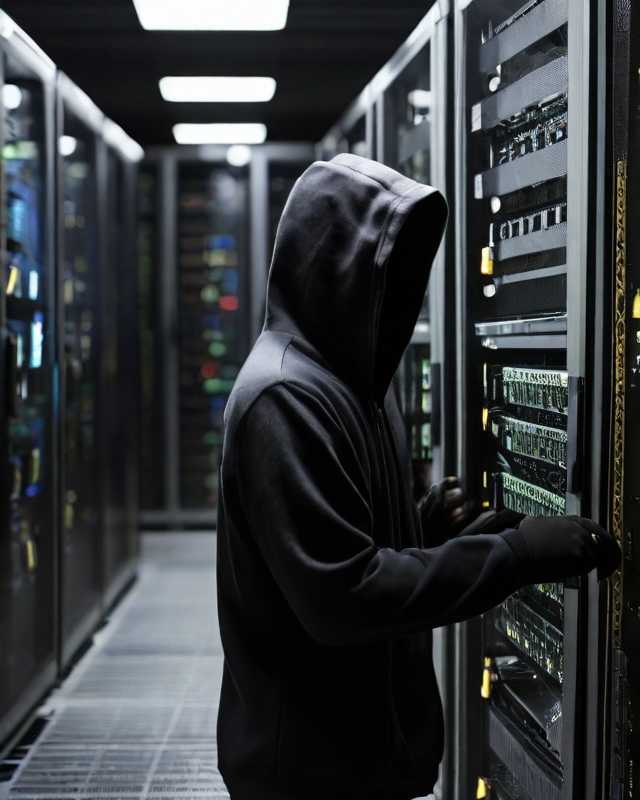 Server room with cybersecurity expert monitoring network infrastructure