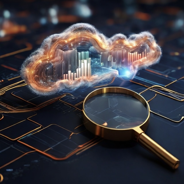 Magnifying glass over cloud computing data representing big data analysis